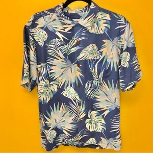 Tommy Bahama 100% Silk Blue Tropical Leaf Short Sleeve Collared Shirt Small